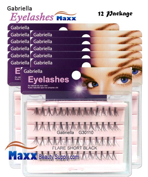 12 Package - Gabriella Eyelashes Individual Flare 100% Human Hair - Short Black Knot Free
